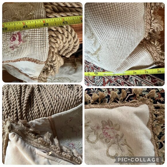 Shabby Tapestry Throw Tassel Pillow Set Beige Cover Floral Embroidered Vintage - Picture 5 of 16